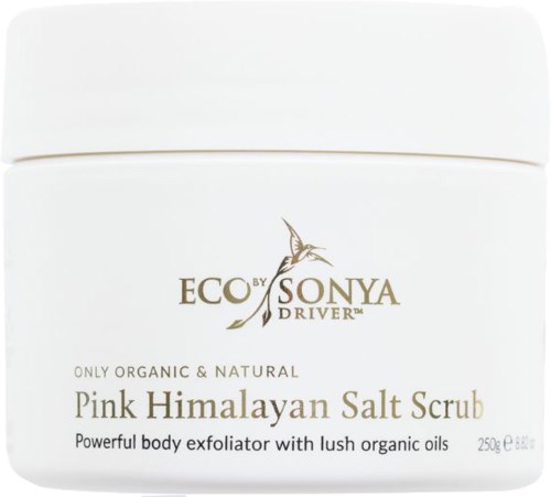 Een witte pot met deksel, met label 'Pink Himalayan Salt Scrub' gemaakt met organische oliën, 250g.