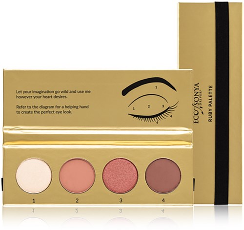Make-up palette met vier tinten, oogdiagram en inspirerende tekst op de verpakking.