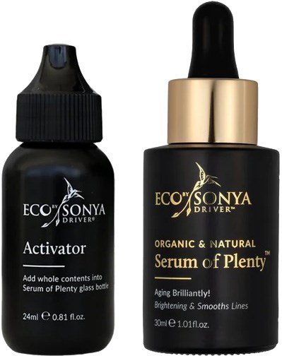 Twee flessen huidverzorgingsproducten, één gemarkeerd 'Activator' en de andere 'Serum of Plenty'.