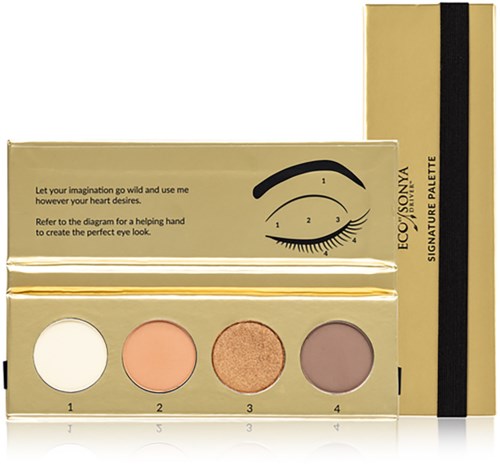 Een goudkleurig make-up pallet met vier ronde tinten en instructies voor oogmake-up. Het bevat een grote rechthoekige doos en een dun verticaal onderdeel.