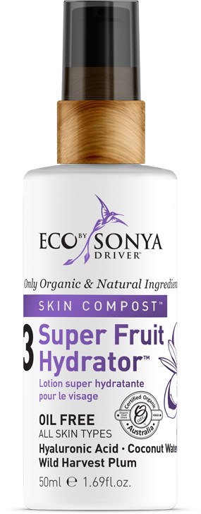 Pullo kasvovoiteesta nimeltä Super Fruit Hydrator, öljytön, sisältäen hyaluronihappoa, kookosvettä ja villin sadon ploomaa.
