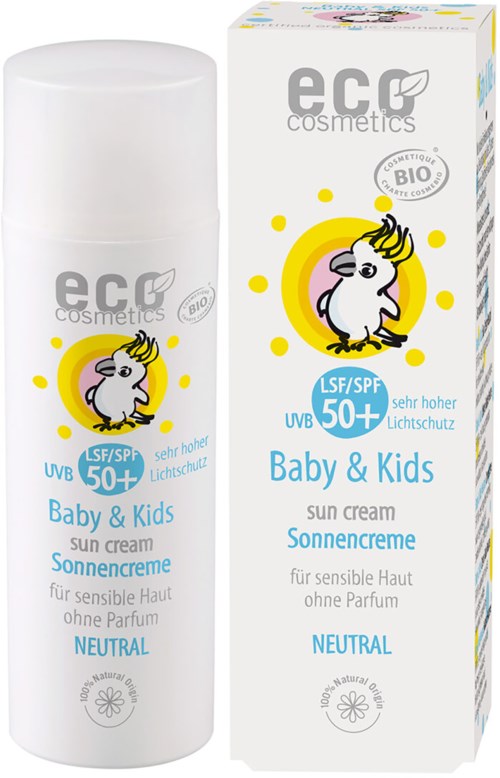Sonnencreme in einer weißen Flasche mit einem niedlichen Pinguin, für Babys und Kinder, mit UVB-Schutz und natürlichen Inhaltsstoffen.