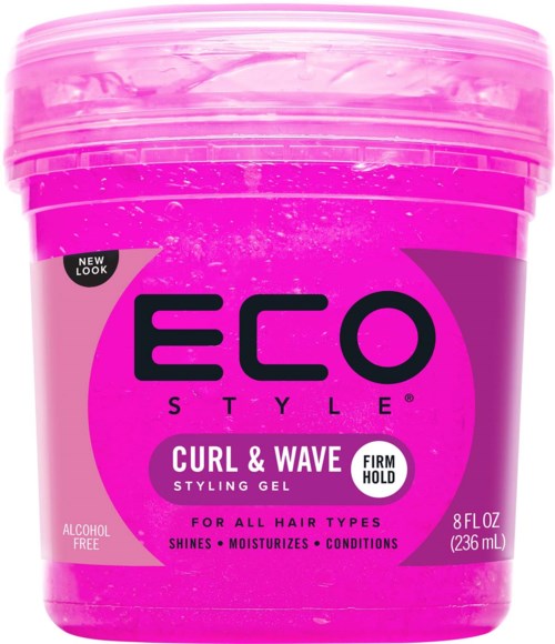 Rosa Behälter mit Eco Style Haargel 'Curl & Wave' für alle Haartypen mit starkem Halt.