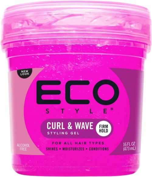 Pinkfarbener Behälter mit Eco Style Curl & Wave Stylinggel, für alle Haartypen, verspricht Glanz und Feuchtigkeit.
