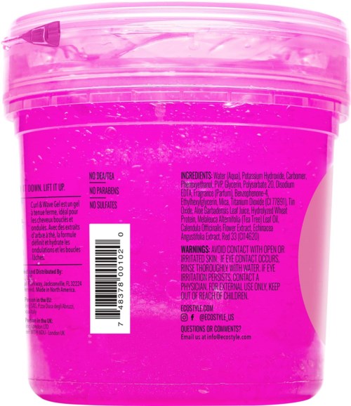 Pinkfarbener Behälter mit Zutatenliste, Warnhinweisen und Anweisungen.