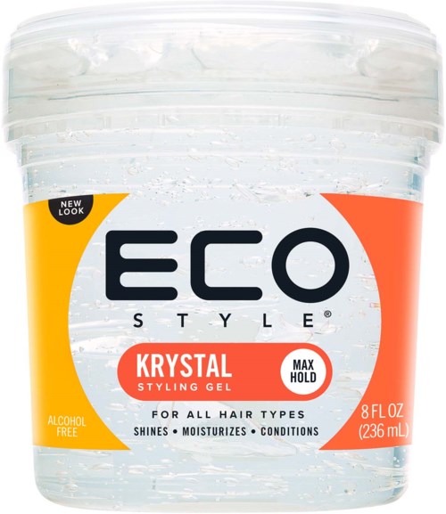 A clear jar of Eco Style Krystal Styling Gel with a yellow and orange label, indicating it is alcohol-free and for all hair types.