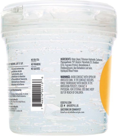 A clear container with water and small clear beads, with a yellow label on the side containing ingredients and warnings.