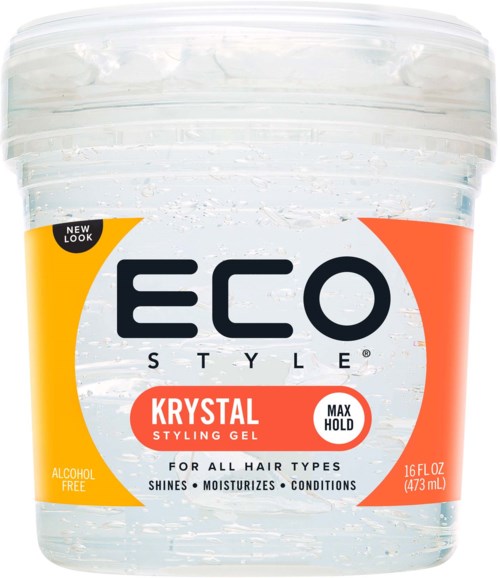 Ein transparenter Behälter mit Eco Style Krystal Styling Gel, weißes Gel und bunte Etiketten.