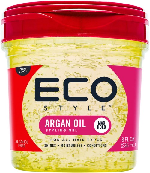 Ein Behälter Eco Style Arganöl Haargel mit rotem Deckel und gelbem Produkt, geeignet für alle Haartypen.