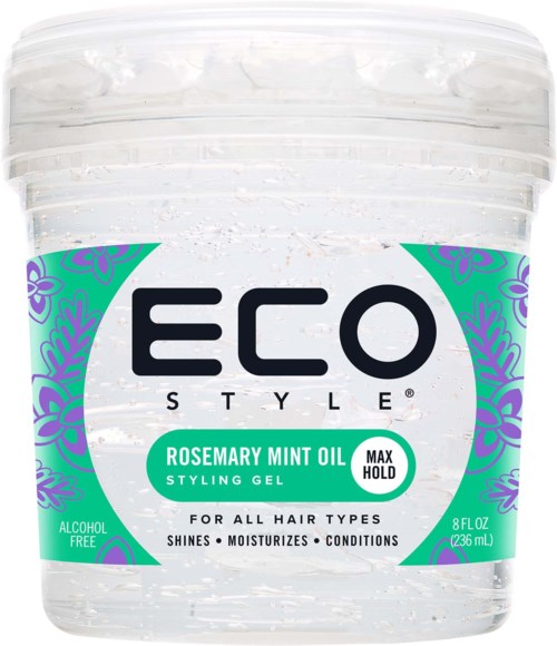 Ein durchsichtiges Glas mit Eco Style Rosemary Mint Oil Styling Gel, lila und grüne Etikette, 8 oz.