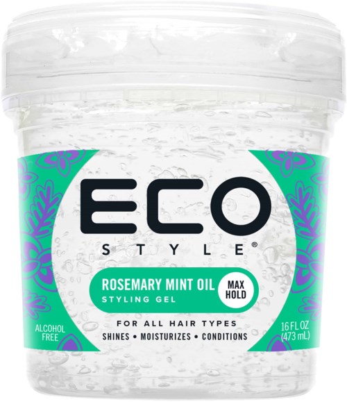 Ein Behälter mit Eco Style Rosemary Mint Oil Styling Gel, alkoholfrei, für alle Haartypen, mit maximalem Halt und Feuchtigkeitsversorgung.