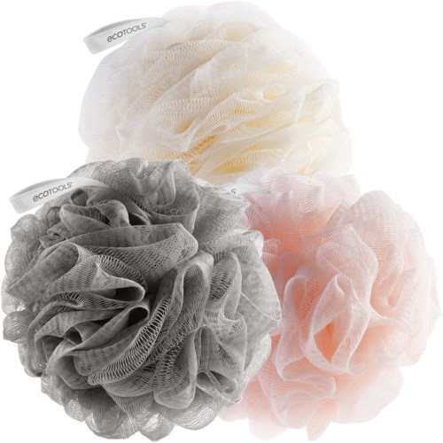 Four colorful bath loofahs: white, gray, pink, with textured, fluffy appearance.