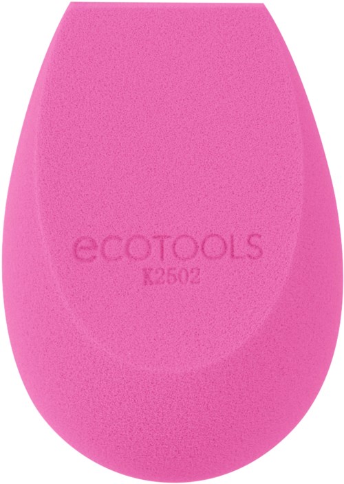 A pink makeup sponge with the brand name 'ecotools' engraved on it.