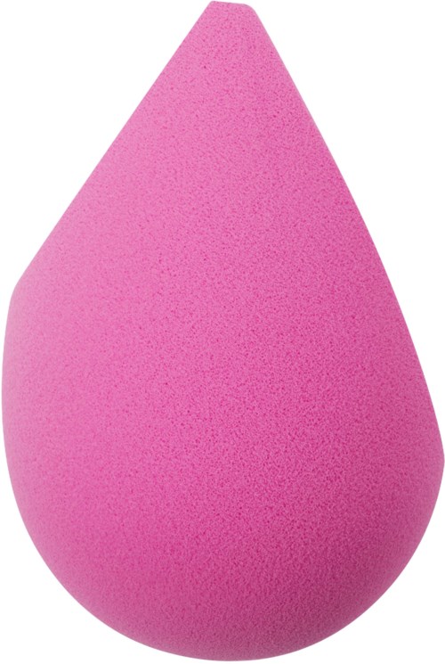 Pink beauty sponge with a pointed tip, used for makeup application and blending.