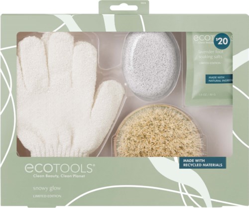 A set of eco-friendly foot care tools with a white towel glove, scrubber, and sponge in green packaging.