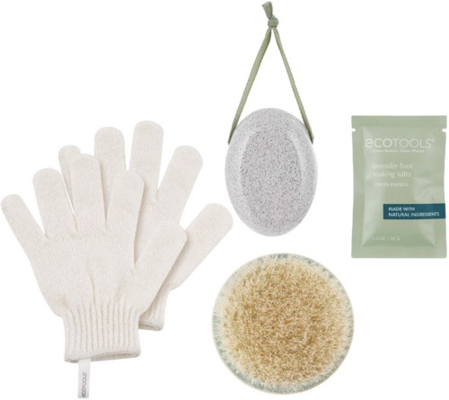 Spa or beauty care set including gloves, a soap sponge, a bath bomb, and a foot scrub packet.