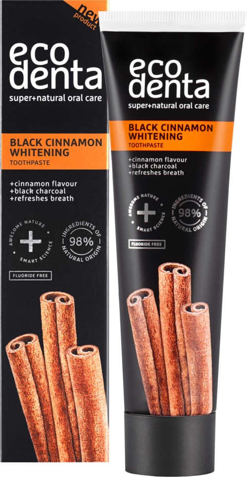Förpackning och tub med Eco Denta Black Cinnamon Whitening tandkräm med kanelstänger och aktivt kol.
