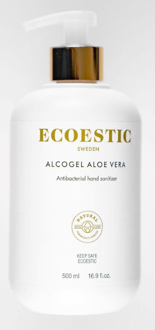 Eine weiße Flasche mit Pumpe, Beschriftung 'ECOESTIC ALCO GEL Aloe Vera', antibakterielle Händedesinfektion, 500 ml.