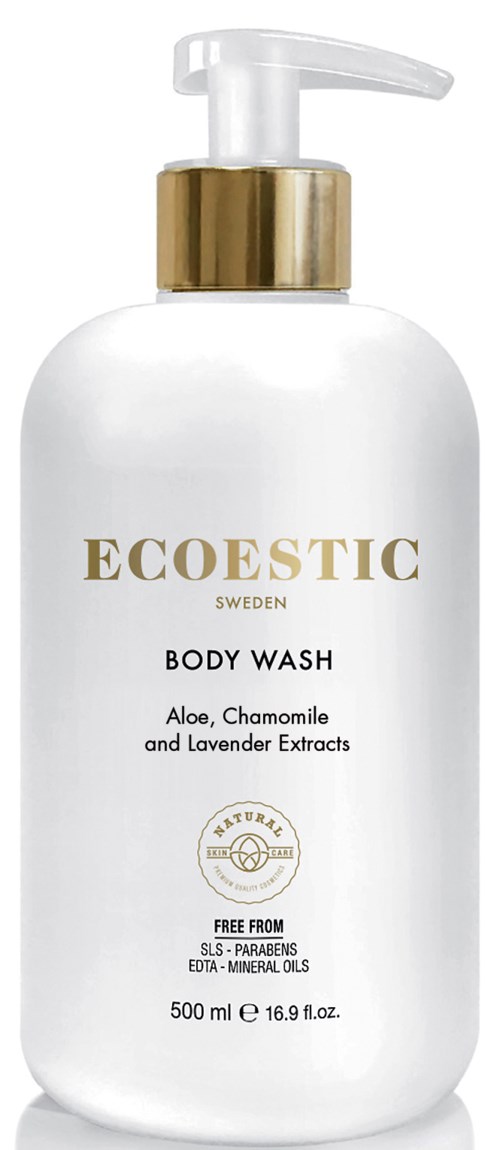 Eine weiße Flasche Ecoestic Duschgel mit goldener Pumpe, etiketti mit Aloe, Kamille und Lavendel.