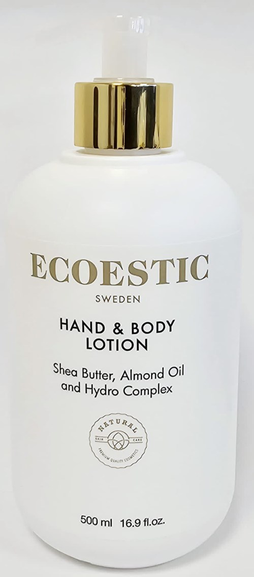 Eine weiße Flasche von Ecoestic Sweden Hand- und Körperlotion mit goldener Kappe, enthält Sheabutter, Mandelöl und Hydrokomplex.