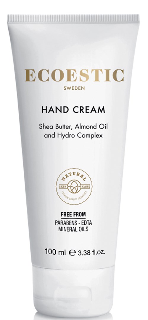 Weiße Tube mit Ecostic Hand Cream, enthält Shea Butter, Mandelöl und Hydrokomplex. Ohne Parabene oder Mineralöle.