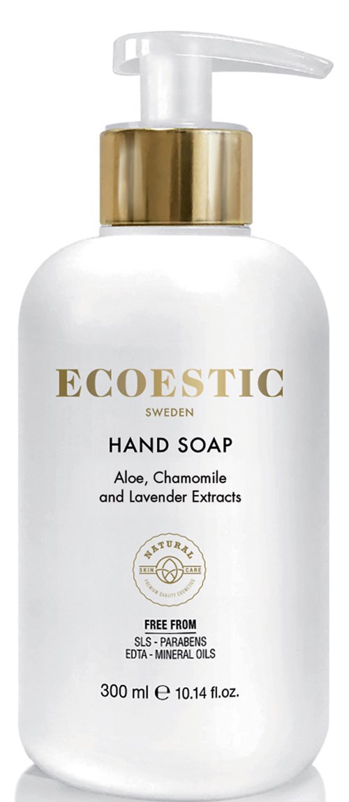 Ecoesthetic handtvålflaska med guldlock, märkt med ingredienser och fri från skadliga kemikalier.