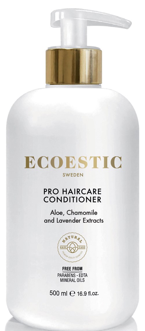 Eine weiße Flasche mit Pumpkopf enthält Ecoestic Pro Haarpflegespülung mit Aloe, Kamille und Lavendelextrakten.