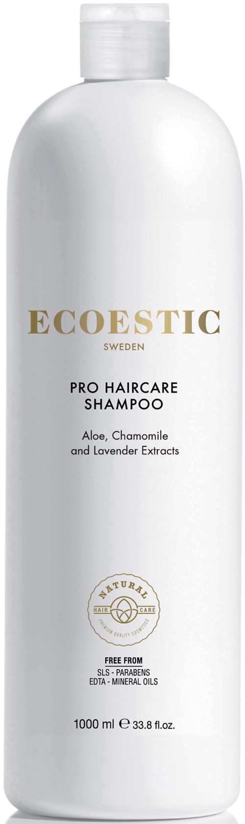 Eine weiße Flasche mit dem Etikett ECOESTIC Pro Haircare Shampoo, Inhaltsstoffe sind Aloe, Kamille und Lavendel.
