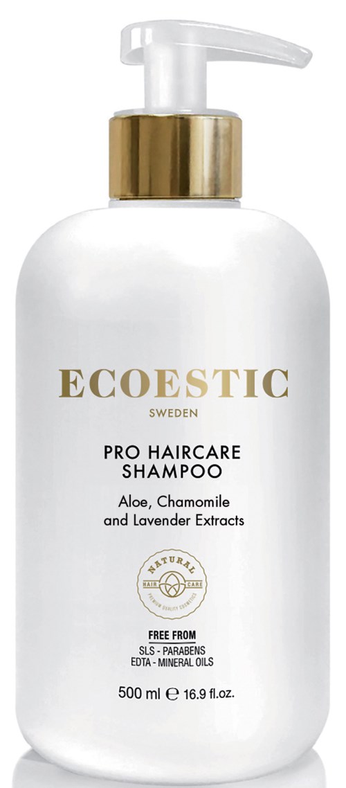Eine weiße Shampoo-Flasche mit Pumpe, goldnem Band und Etikett mit Ecoestic Sweden, Aloe, Kamille, Lavendel, 500 ml.
