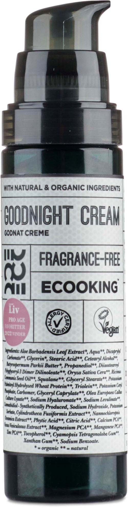 A black bottle with a pump, labeled as natural, organic, fragrance-free bedtime cream, vegan, and eco-friendly.