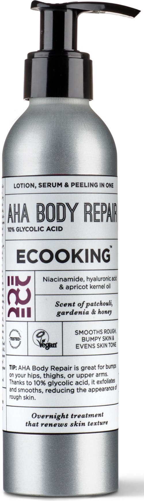 A silver bottle with a pump, labeled as a body repair lotion with acids and natural ingredients for skin.
