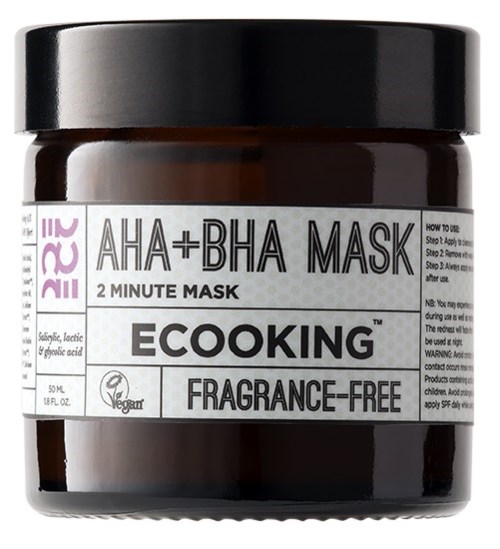A dark brown jar of ECOOKING AHA+BHA face mask, fragrance-free and vegan, designed for 2-minute skincare treatments.