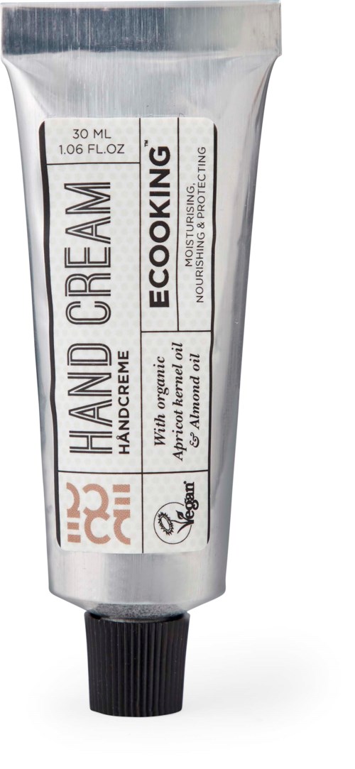 Ett silverrör märkt 'Hand Cream' med svart lock, innehåller ekologisk fuktighetsgivande handkräm, 30 ml storlek.