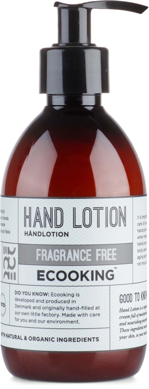 A brown bottle with a black pump contains eco-friendly, fragrance-free hand lotion.