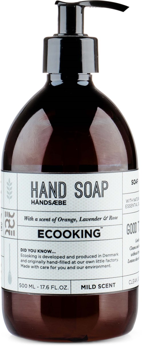 A dark brown bottle with a pump dispenser labeled 'Hand Soap' and 'EcoKing', indicating a mild scent with orange, lavender, and rose.