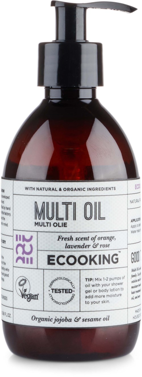 En brun flaska med svart pump innehåller EcoKing Multi Oil med doft av apelsin och lavendel, tillverkad av ekologiska oljor.