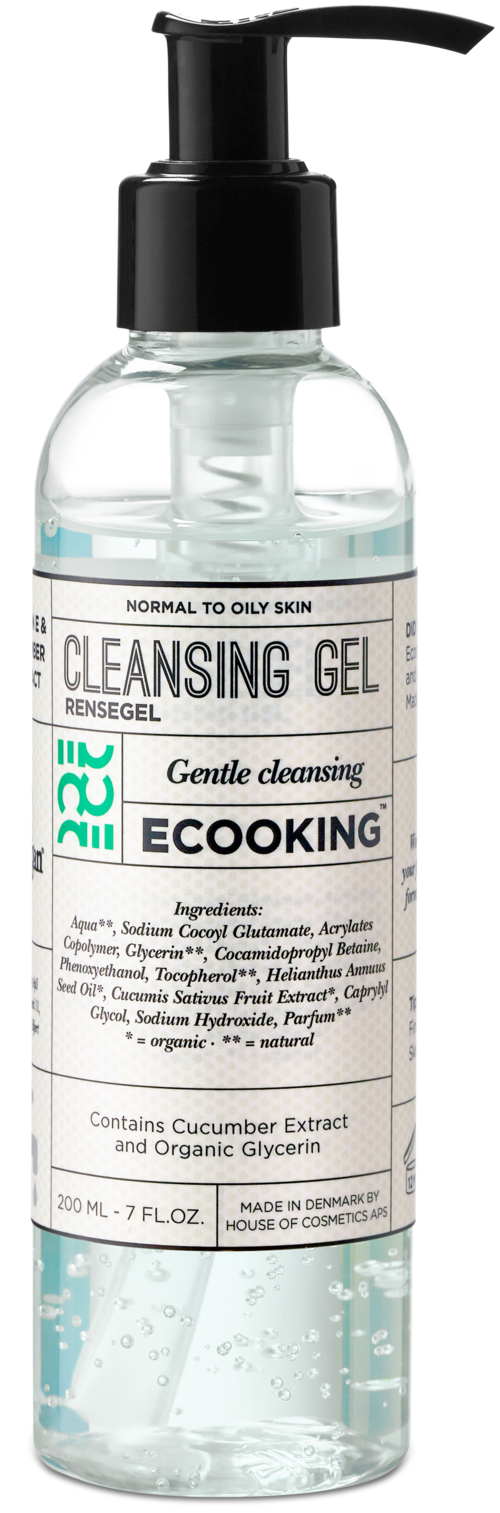 A clear bottle with a black pump labeled 'Cleansing Gel' for gentle skin cleaning, contains cucumber extract.