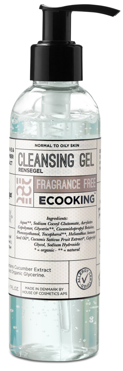 A clear bottle with a black pump contains cleansing gel for normal to oily skin, labeled eco-friendly and fragrance-free.