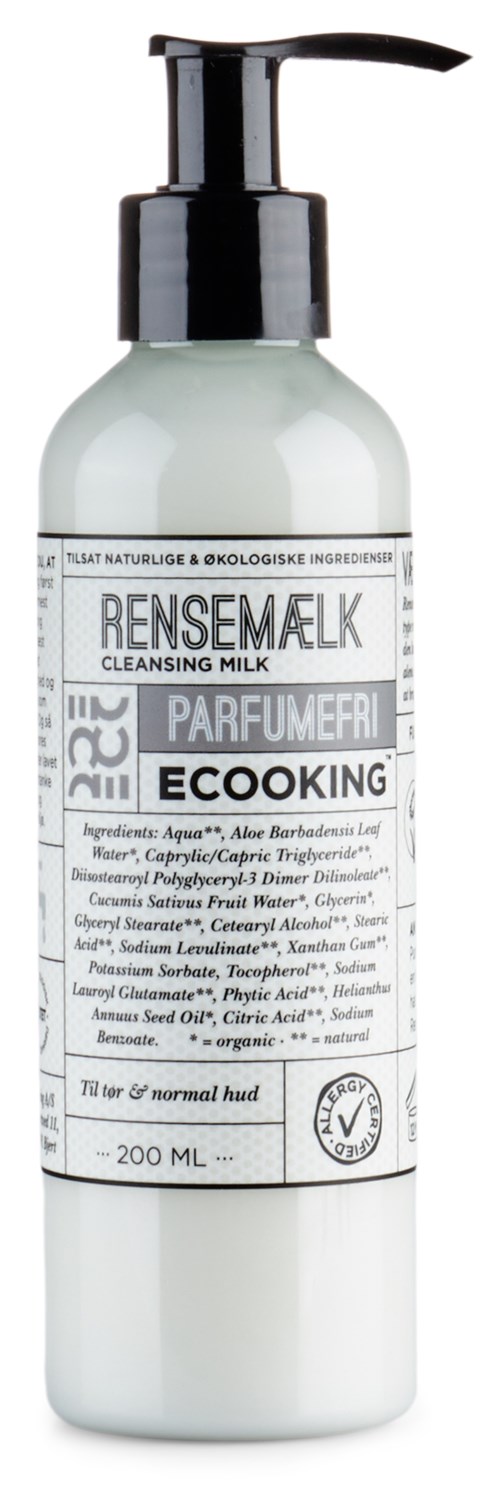 Een witte fles met een zwarte handpomp, reinigingsmelk, parfumvrij en geschikt voor normale huid.