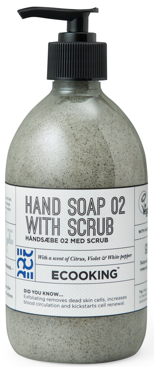 A gray bottle with a black pump dispenser labeled 'Hand Soap 02 with Scrub' and details about ingredients and benefits.