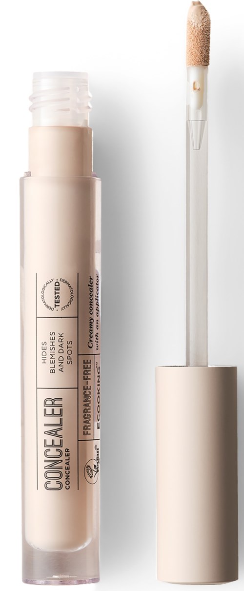 A concealer tube with an applicator stick, showing the cap removed and the product partially visible.