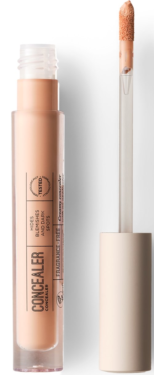A concealer tube with a wand applicator, light beige color, and product name on the label.