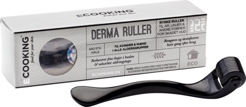 A black dermaroller with a box labeled 'Derma Ruller' for skin treatments, intended for all ages and genders.