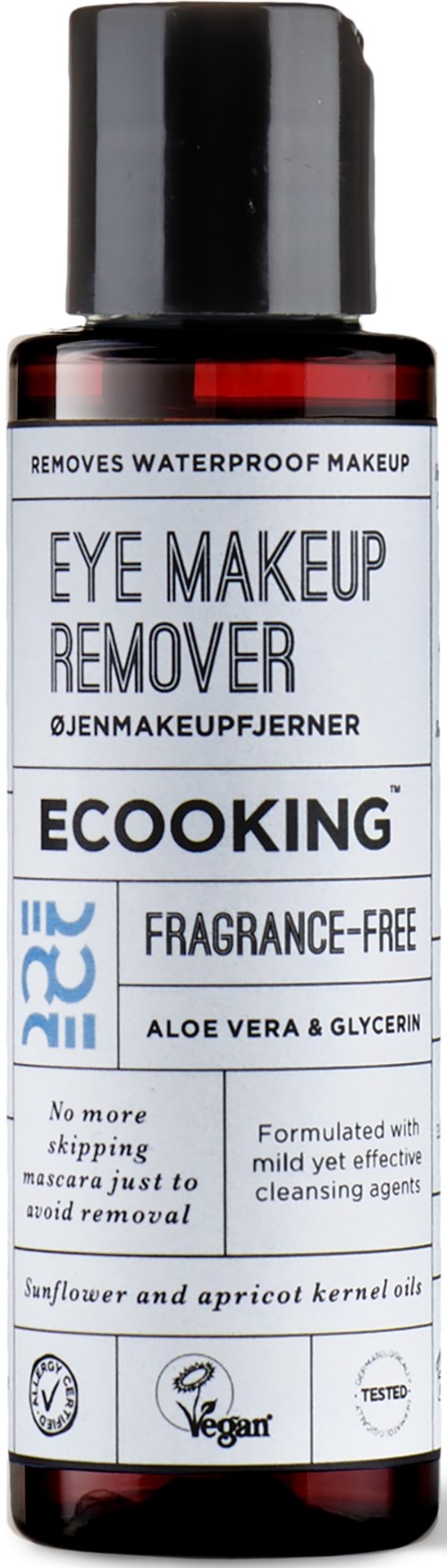 A small bottle of waterproof eye makeup remover with aloe vera and glycerin, free of fragrance and suitable for sensitive skin.
