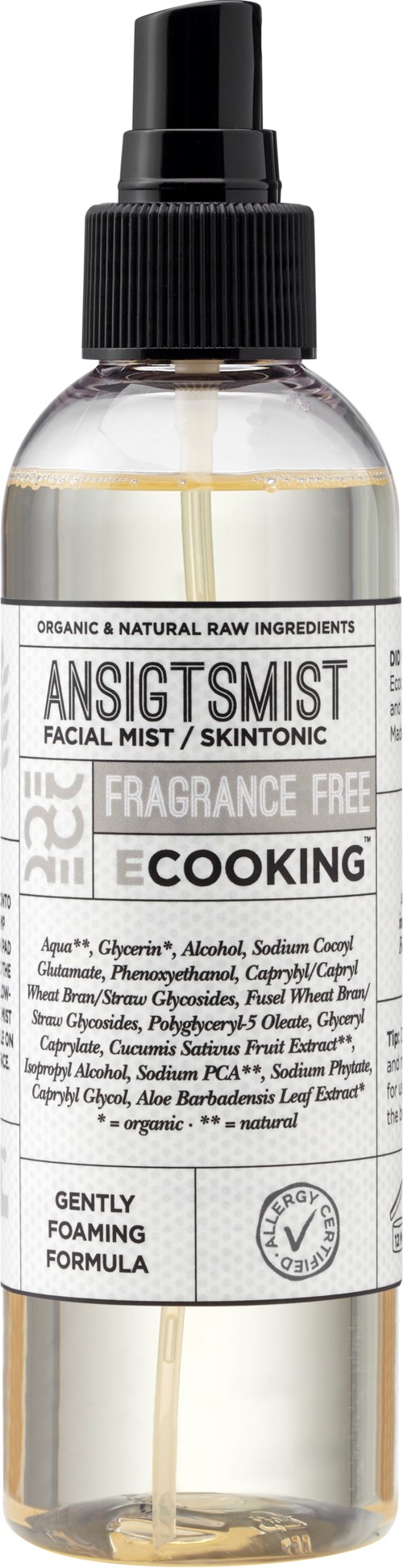 A facial mist spray bottle labeled as organic, fragrance-free, for skin toning and gently foaming, with a black spray top.