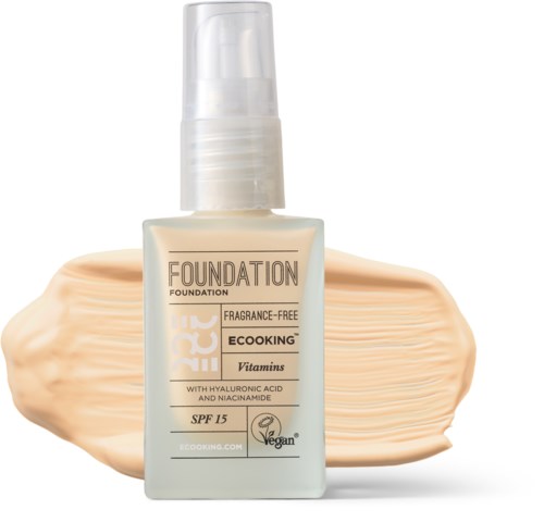 Liquid foundation bottle with light beige color and a swatch background. It is fragrance-free, vegan, with sun protection SPF 15.
