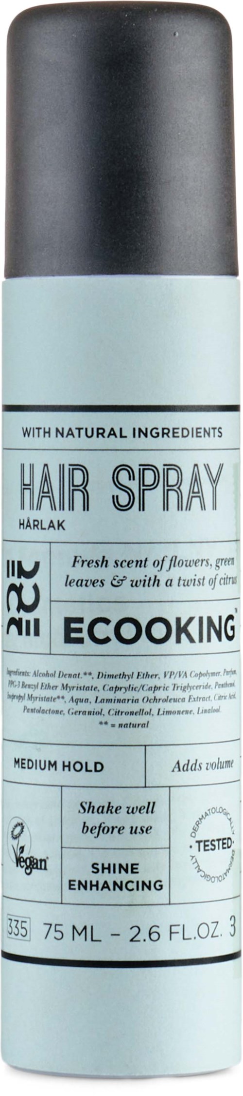 A can of eco-friendly hair spray with natural ingredients, labeled for medium hold and shine enhancement.