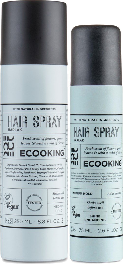Two bottles of hair spray, one larger and one smaller, with black caps and light blue labels.