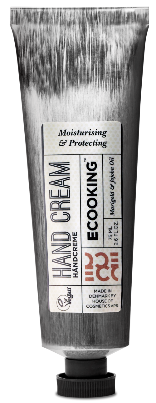 Eine Tube Handcreme mit der Aufschrift 'Moisturising & Protecting' von ECOCOOKING, hergestellt in Dänemark, enthält 75g.