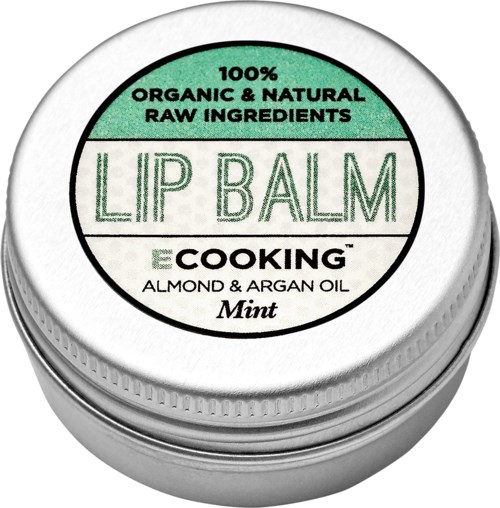 En rund förpackning med mintläppbalsam med mandel- och arganolja, märkning för 100% naturliga ingredienser.